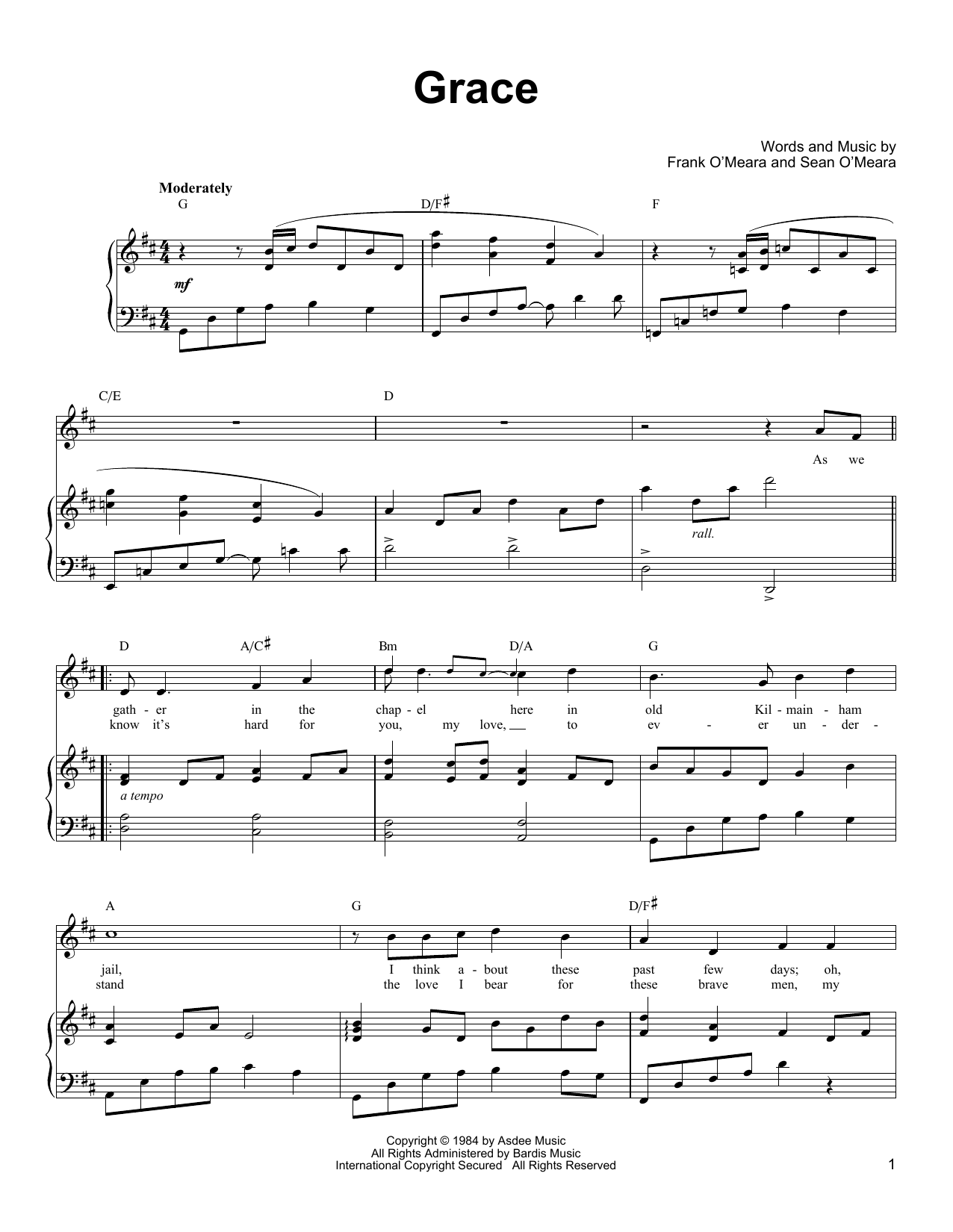 Ronan Tynan Grace Sheet Music Notes & Chords for Piano, Vocal & Guitar (Right-Hand Melody) - Download or Print PDF