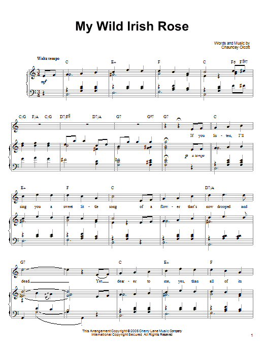 Ronan Tynan My Wild Irish Rose Sheet Music Notes & Chords for Piano, Vocal & Guitar (Right-Hand Melody) - Download or Print PDF