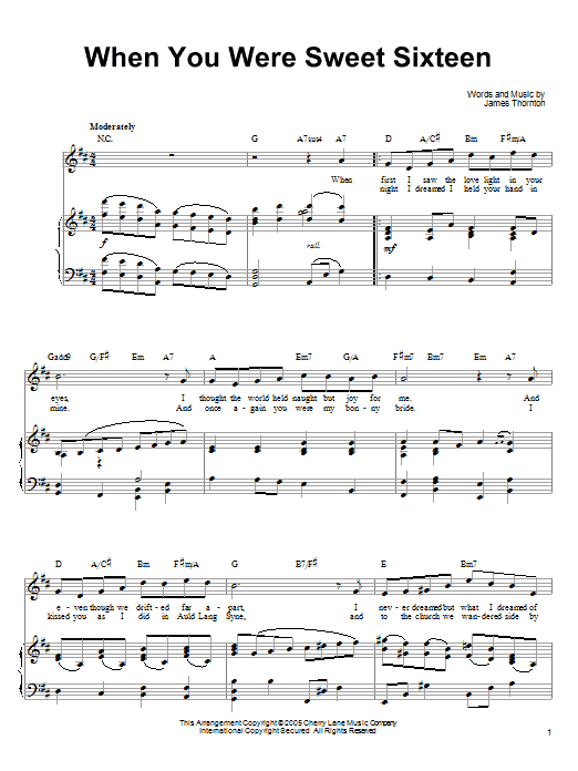 Ronan Tynan When You Were Sweet Sixteen Sheet Music Notes & Chords for Piano, Vocal & Guitar (Right-Hand Melody) - Download or Print PDF