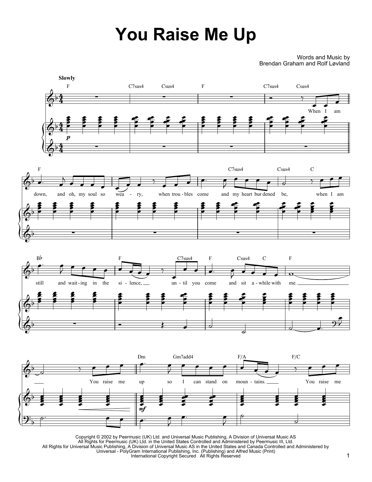 Ronan Tynan You Raise Me Up Sheet Music Notes & Chords for Piano, Vocal & Guitar (Right-Hand Melody) - Download or Print PDF