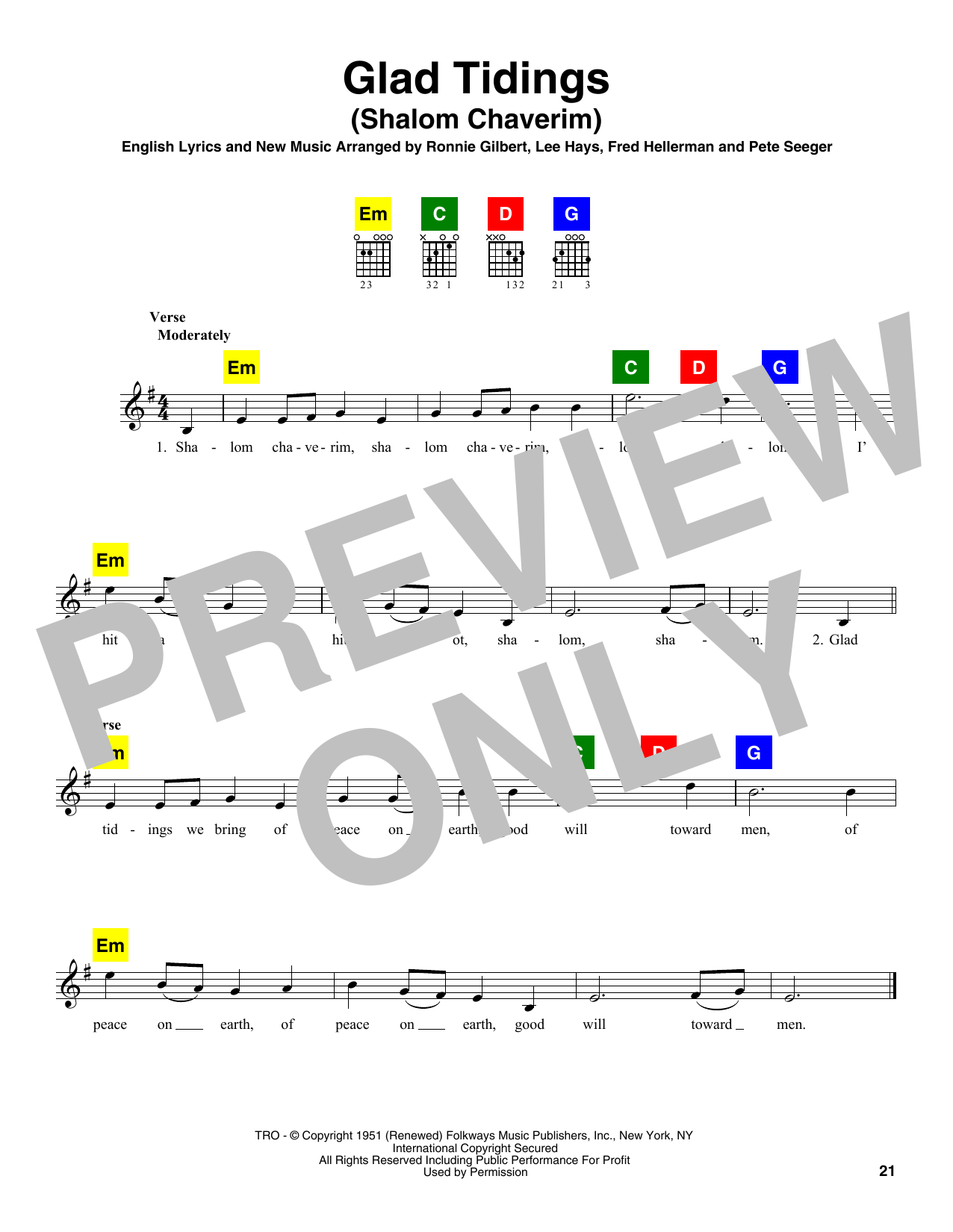 Ronnie Gilbert, Lee Hays, Fred Hellerman & Pete Seeger Glad Tidings (Shalom Chaverim) Sheet Music Notes & Chords for Chord Buddy - Download or Print PDF