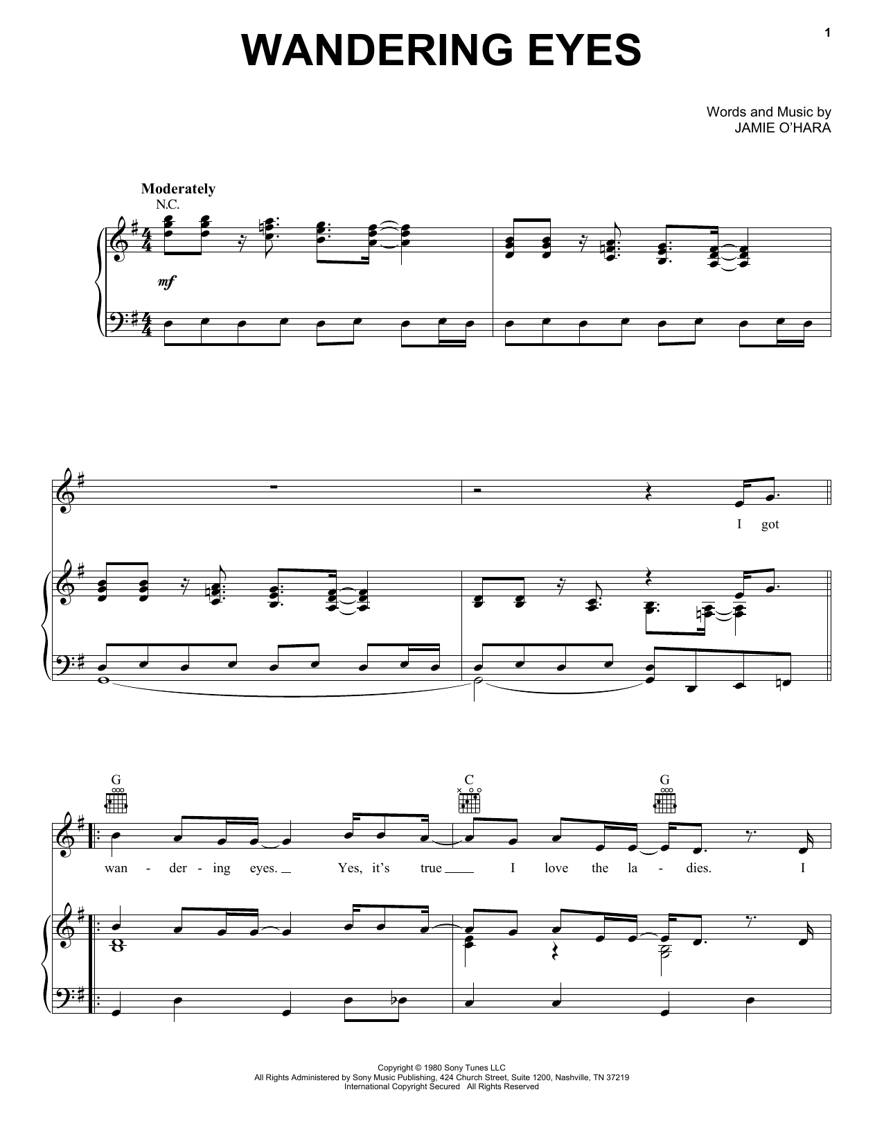 Ronnie McDowell Wandering Eyes Sheet Music Notes & Chords for Piano, Vocal & Guitar Chords (Right-Hand Melody) - Download or Print PDF