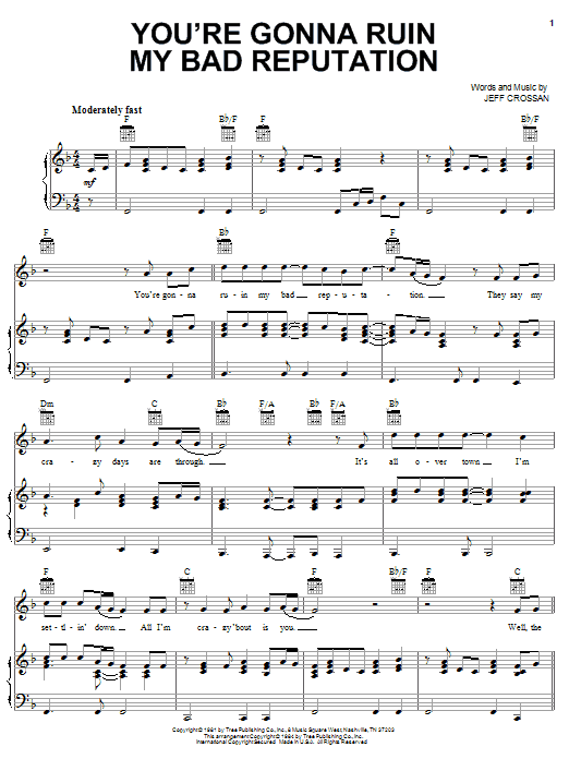 Ronnie McDowell You're Gonna Ruin My Bad Reputation Sheet Music Notes & Chords for Piano, Vocal & Guitar (Right-Hand Melody) - Download or Print PDF