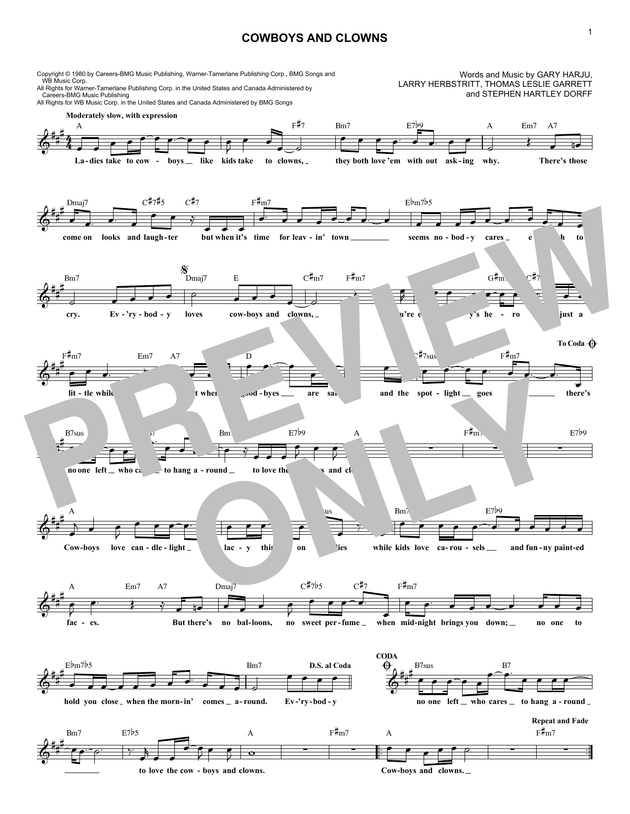 Ronnie Milsap Cowboys And Clowns Sheet Music Notes & Chords for Melody Line, Lyrics & Chords - Download or Print PDF