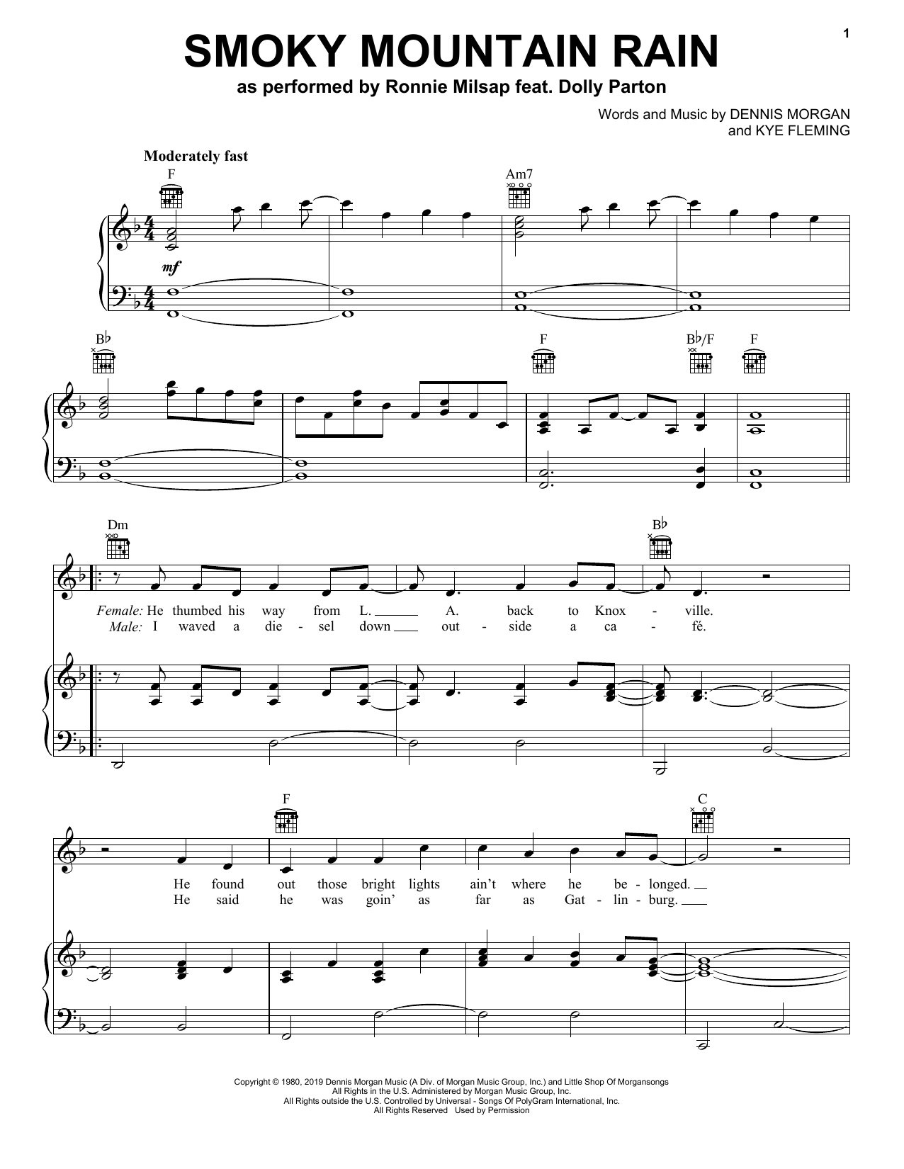 Ronnie Milsap feat. Dolly Parton Smoky Mountain Rain Sheet Music Notes & Chords for Piano, Vocal & Guitar (Right-Hand Melody) - Download or Print PDF