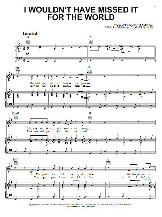 Ronnie Milsap I Wouldn't Have Missed It For The World Sheet Music Notes & Chords for Melody Line, Lyrics & Chords - Download or Print PDF
