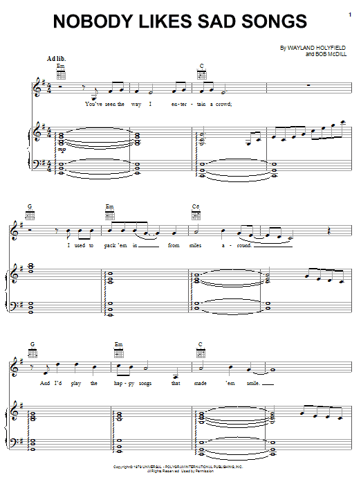 Ronnie Milsap Nobody Likes Sad Songs Sheet Music Notes & Chords for Piano, Vocal & Guitar (Right-Hand Melody) - Download or Print PDF