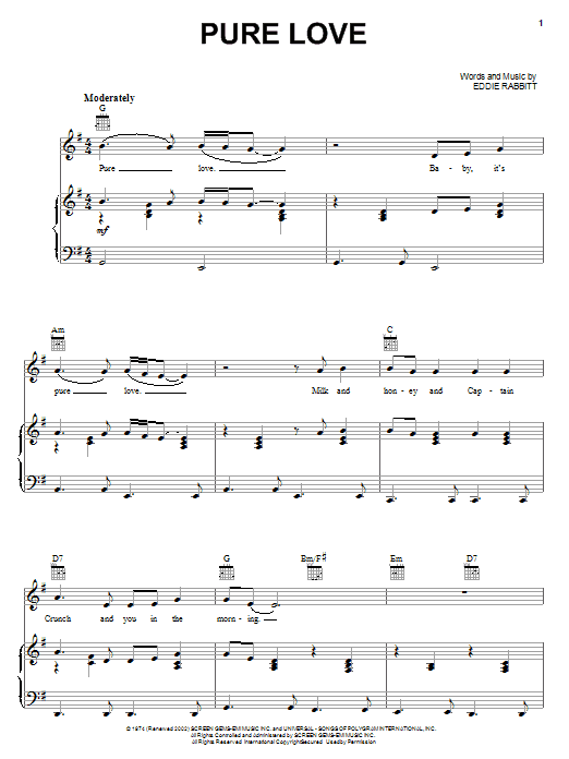 Ronnie Milsap Pure Love Sheet Music Notes & Chords for Piano, Vocal & Guitar (Right-Hand Melody) - Download or Print PDF
