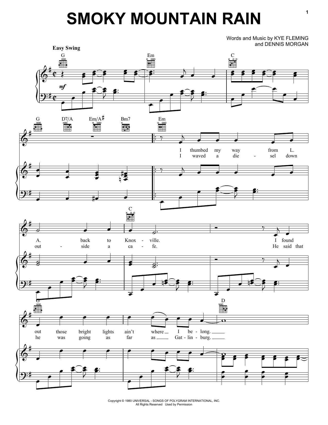 Ronnie Milsap Smoky Mountain Rain Sheet Music Notes & Chords for Piano, Vocal & Guitar (Right-Hand Melody) - Download or Print PDF