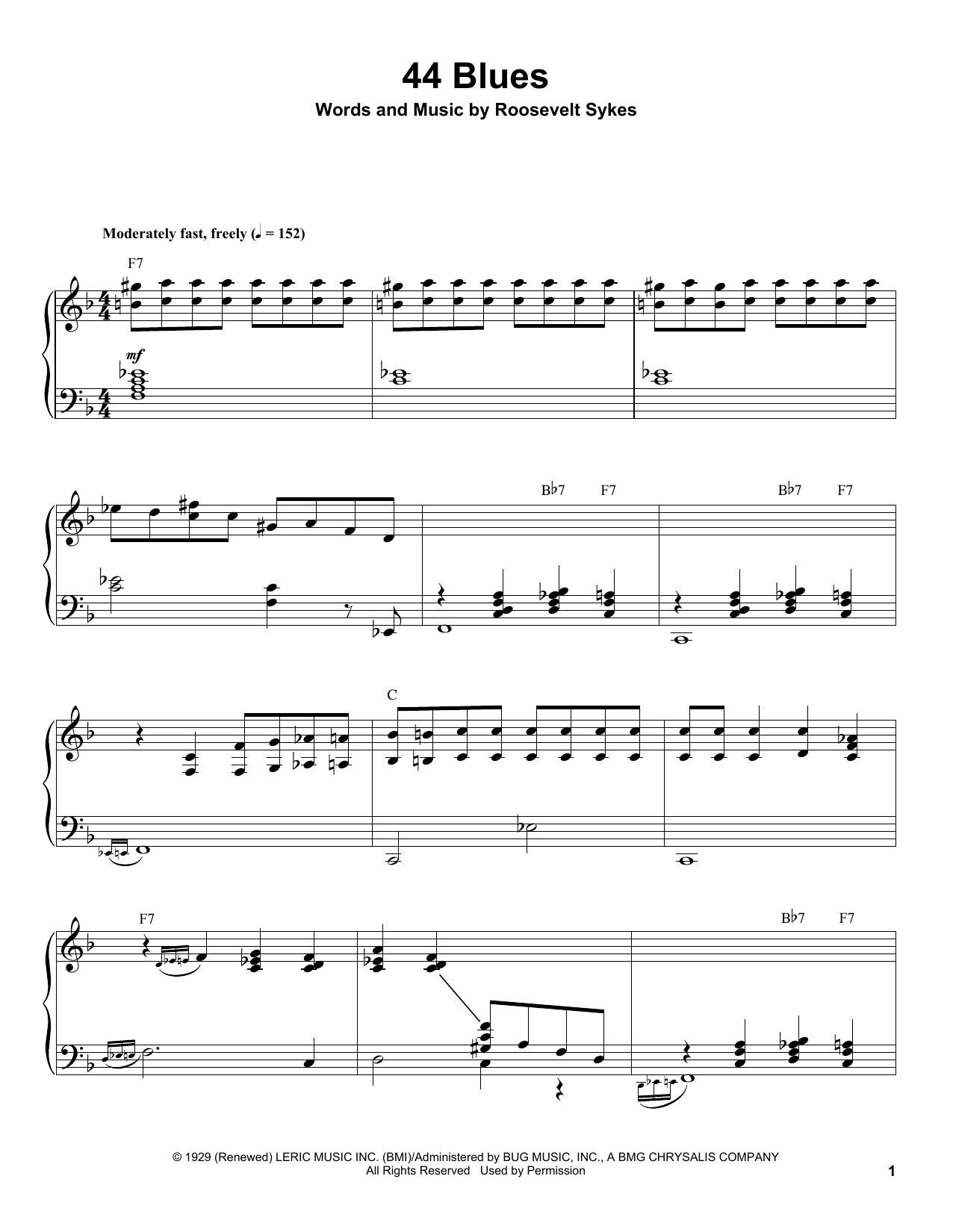 Roosevelt Sykes 44 Blues Sheet Music Notes & Chords for Piano Transcription - Download or Print PDF