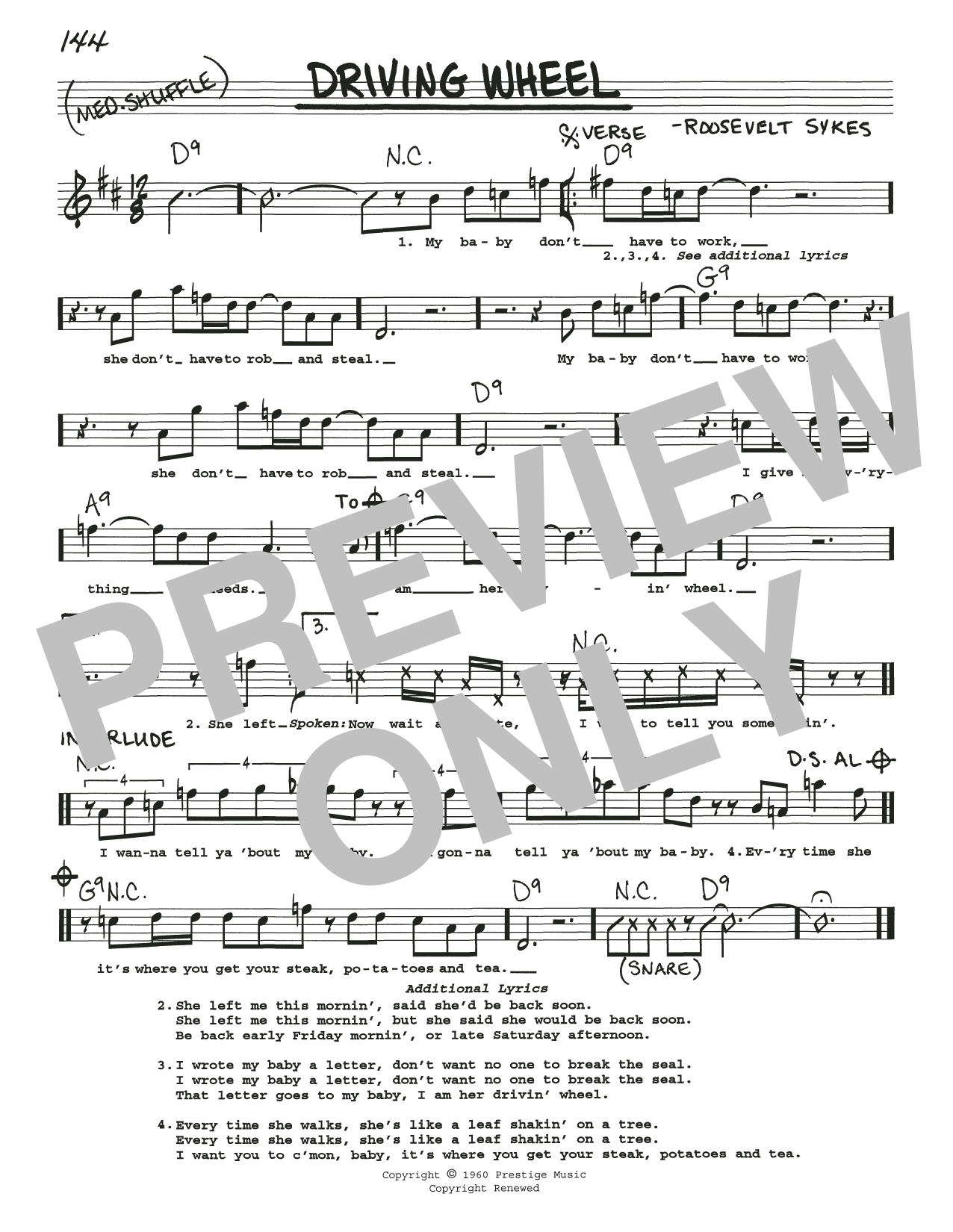 Roosevelt Sykes Driving Wheel Sheet Music Notes & Chords for Real Book – Melody, Lyrics & Chords - Download or Print PDF