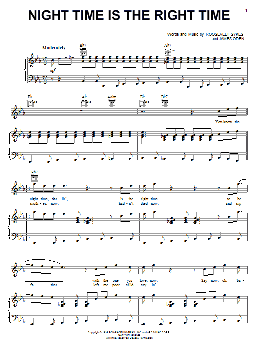 Roosevelt Sykes Night Time Is The Right Time Sheet Music Notes & Chords for Piano, Vocal & Guitar (Right-Hand Melody) - Download or Print PDF