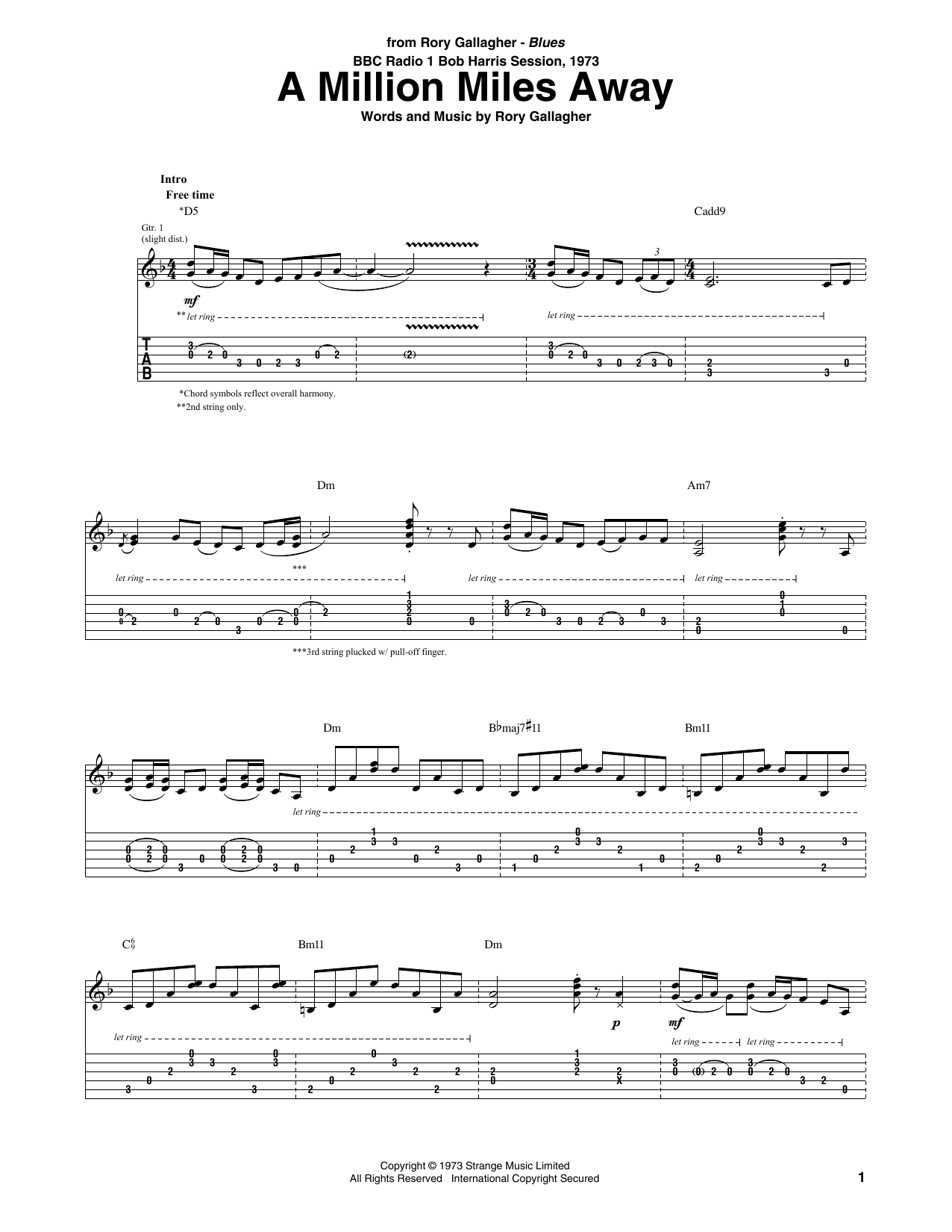 Rory Gallagher A Million Miles Away Sheet Music Notes & Chords for Guitar Tab - Download or Print PDF