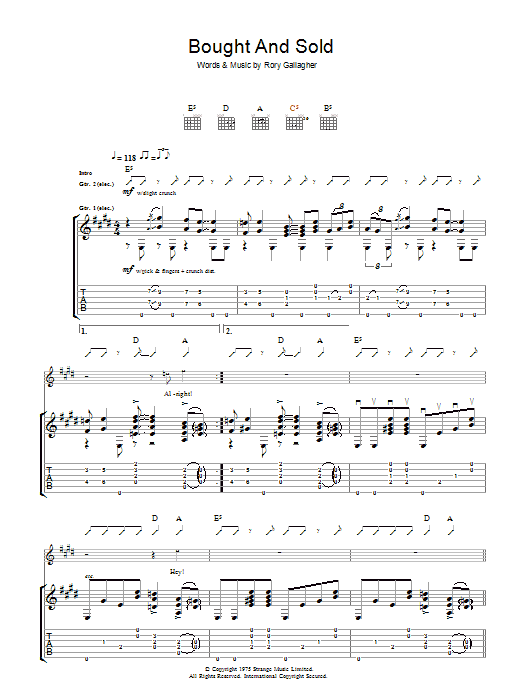 Rory Gallagher Bought And Sold Sheet Music Notes & Chords for Guitar Tab - Download or Print PDF