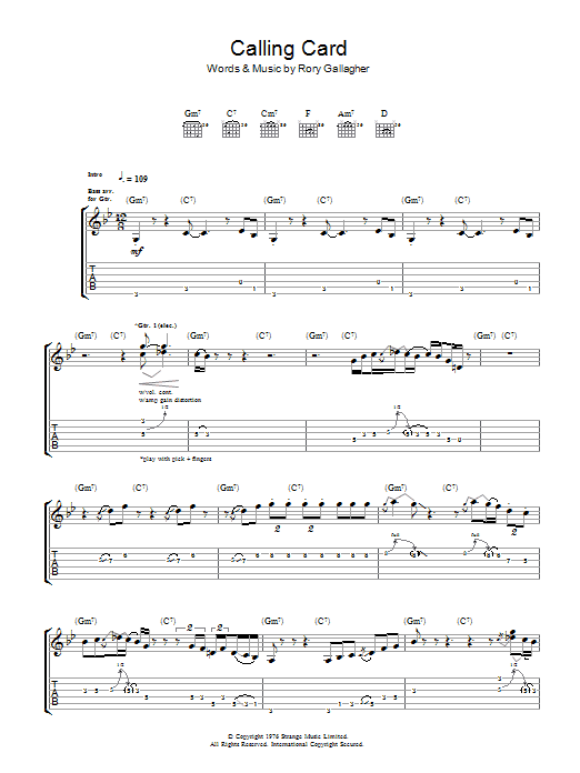 Rory Gallagher Calling Card Sheet Music Notes & Chords for Guitar Tab - Download or Print PDF