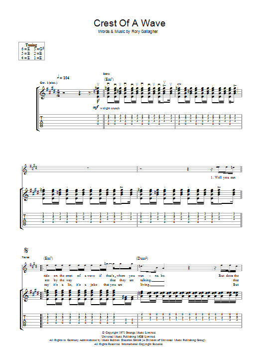 Rory Gallagher Crest Of A Wave Sheet Music Notes & Chords for Guitar Tab - Download or Print PDF