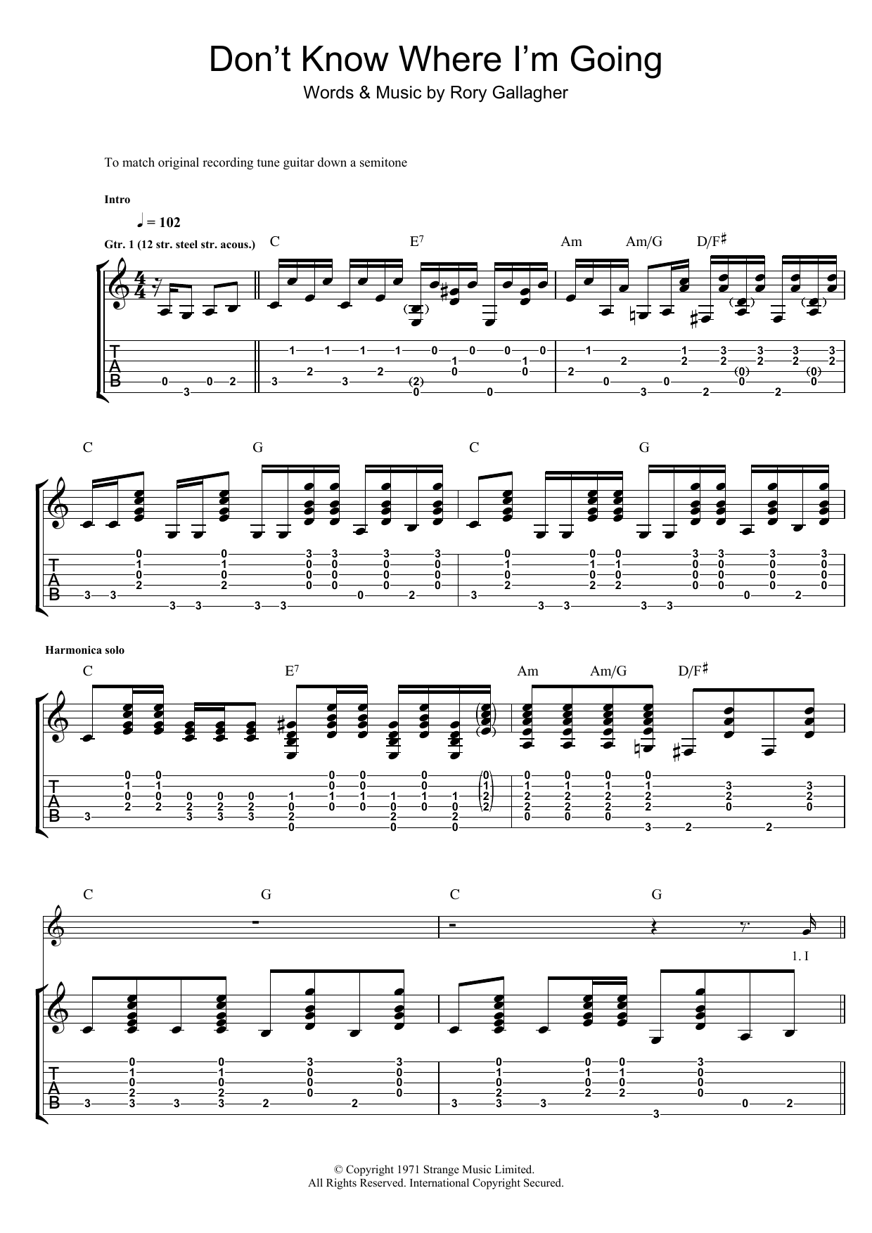 Rory Gallagher Don't Know Where I'm Going Sheet Music Notes & Chords for Guitar Tab - Download or Print PDF