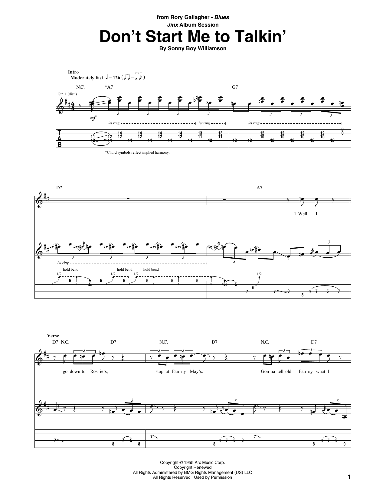 Rory Gallagher Don't Start Me To Talkin' Sheet Music Notes & Chords for Guitar Tab - Download or Print PDF