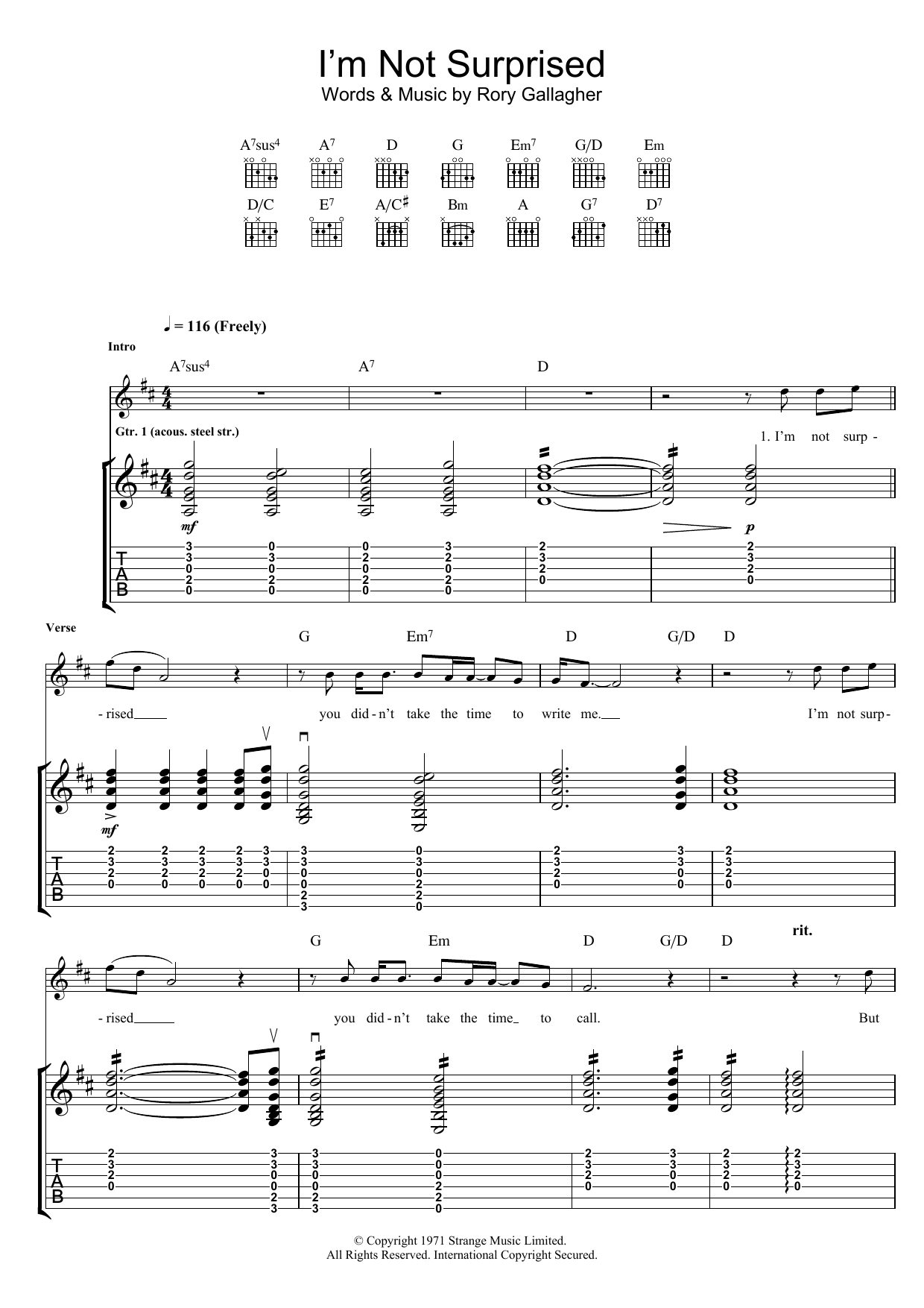 Rory Gallagher I'm Not Surprised Sheet Music Notes & Chords for Guitar Tab - Download or Print PDF