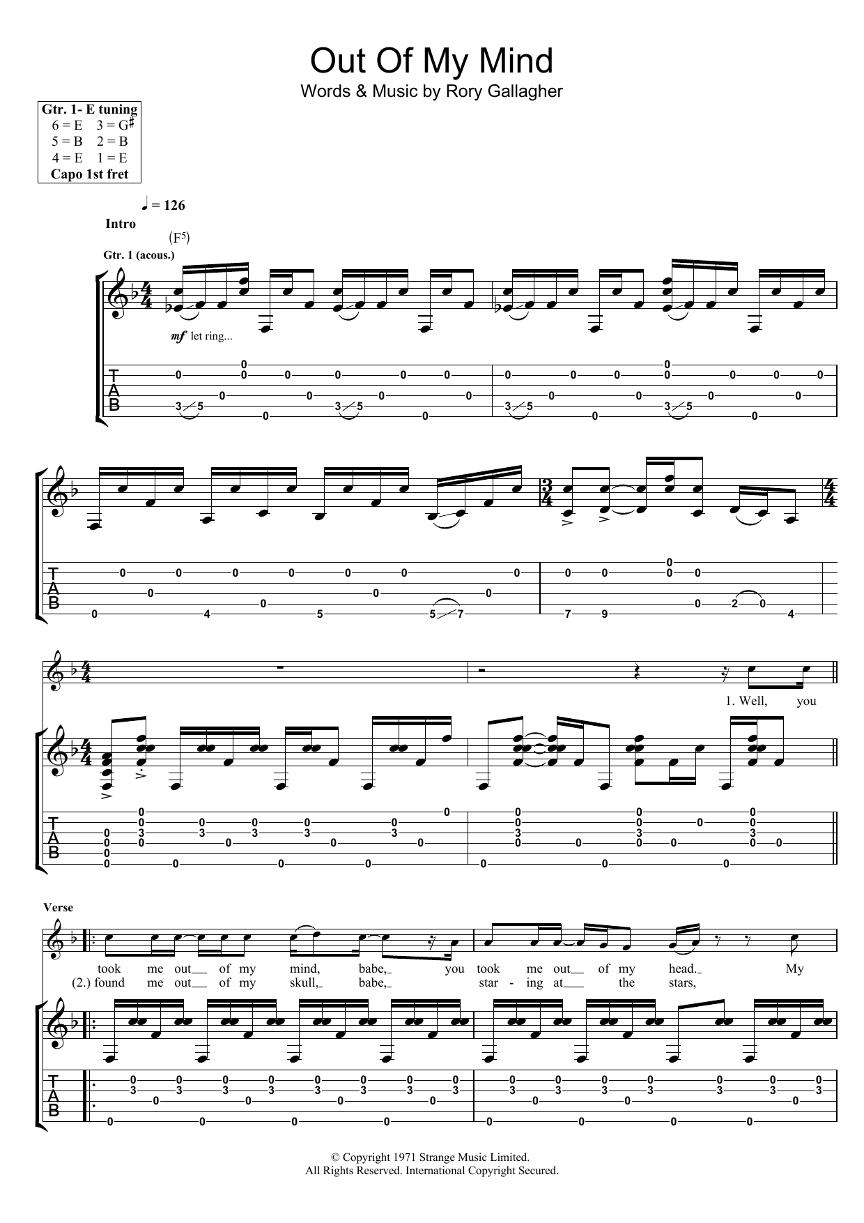 Rory Gallagher Out Of My Mind Sheet Music Notes & Chords for Guitar Tab - Download or Print PDF