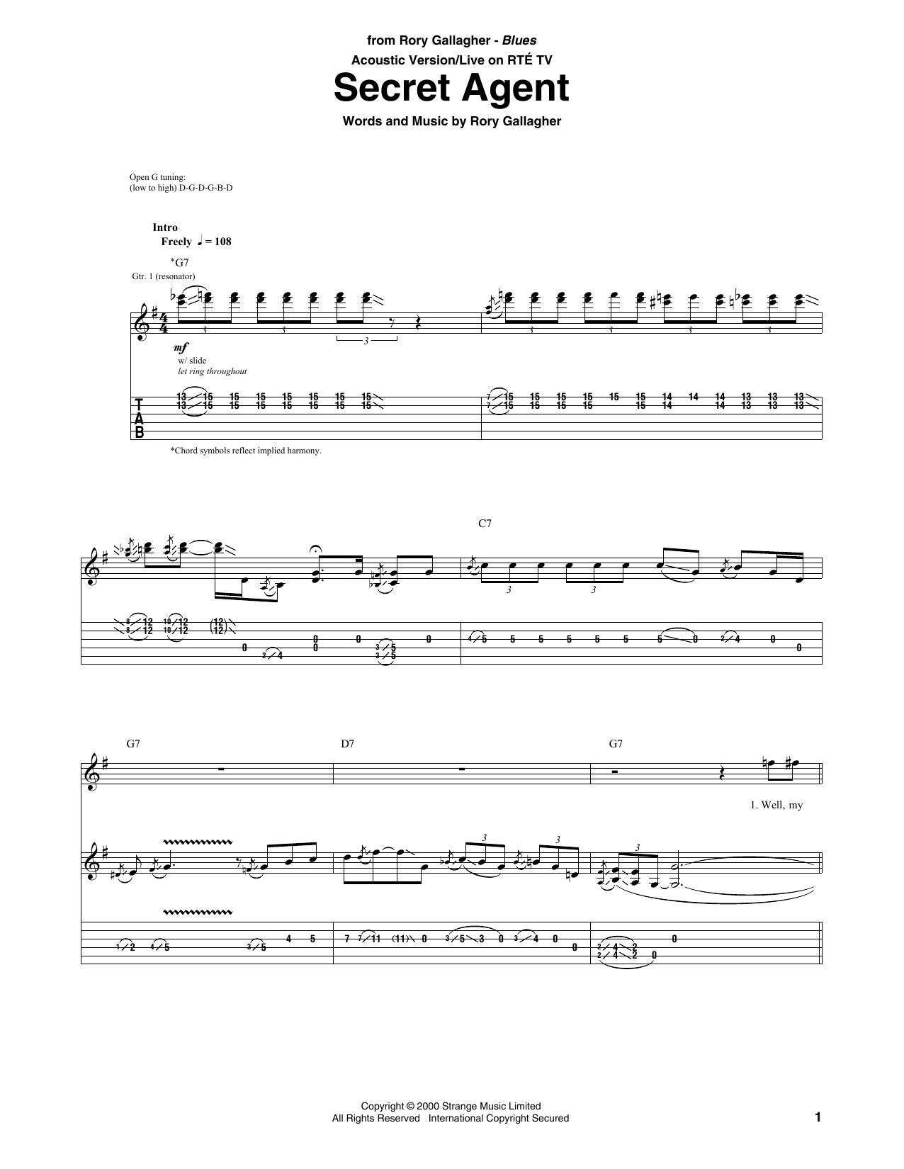 Rory Gallagher Secret Agent Sheet Music Notes & Chords for Guitar Tab - Download or Print PDF