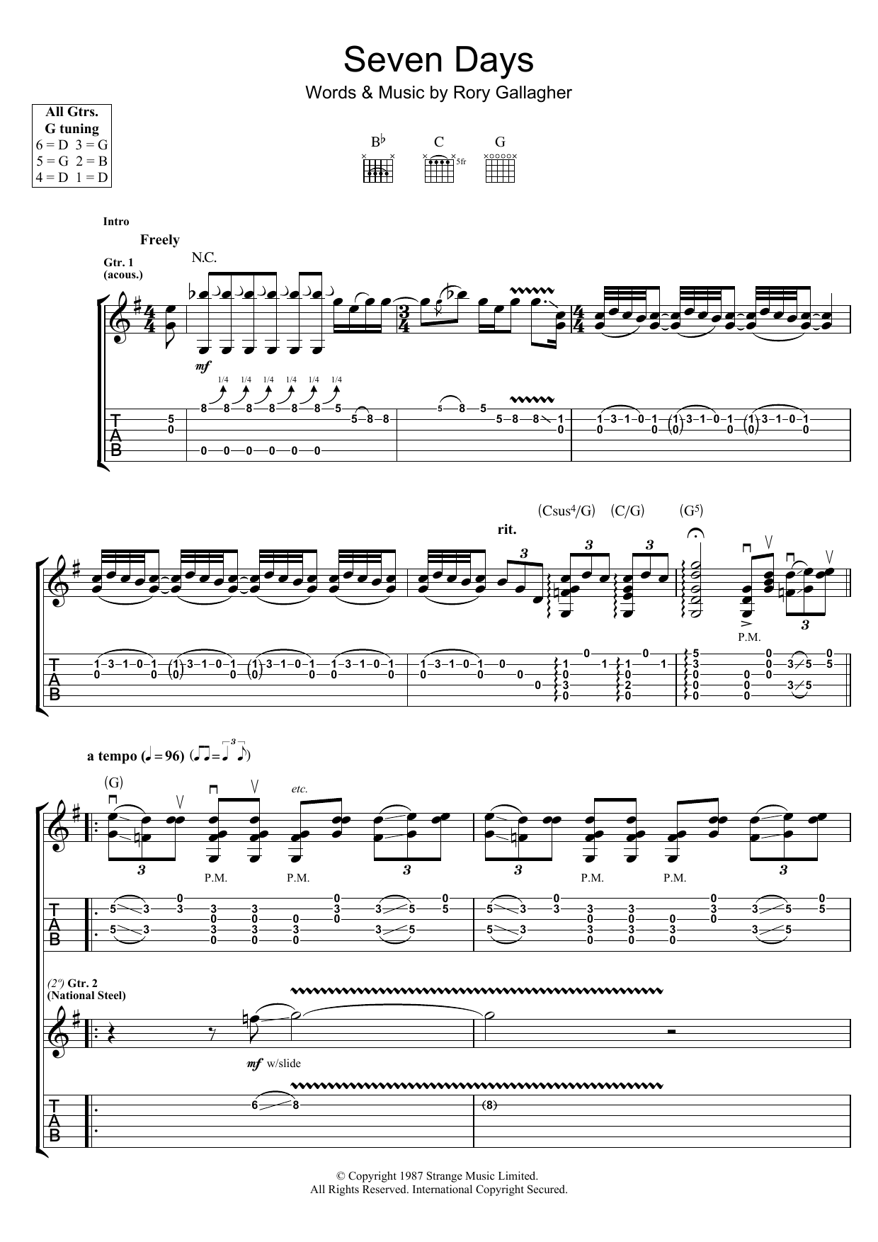 Rory Gallagher Seven Days Sheet Music Notes & Chords for Guitar Tab - Download or Print PDF