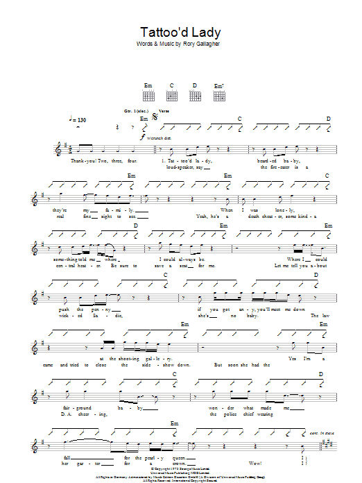 Rory Gallagher Tattoo'd Lady Sheet Music Notes & Chords for Lyrics & Chords - Download or Print PDF