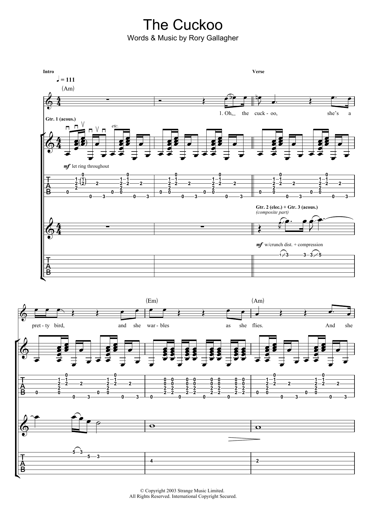 Rory Gallagher The Cuckoo Sheet Music Notes & Chords for Guitar Tab - Download or Print PDF