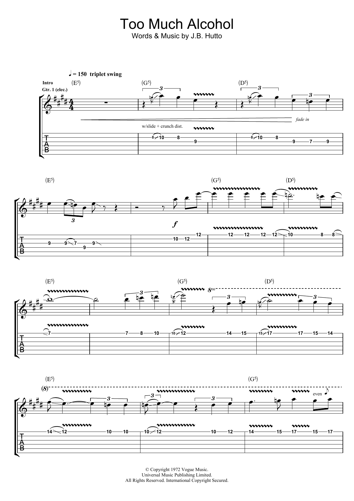 Rory Gallagher Too Much Alcohol Sheet Music Notes & Chords for Guitar Tab - Download or Print PDF