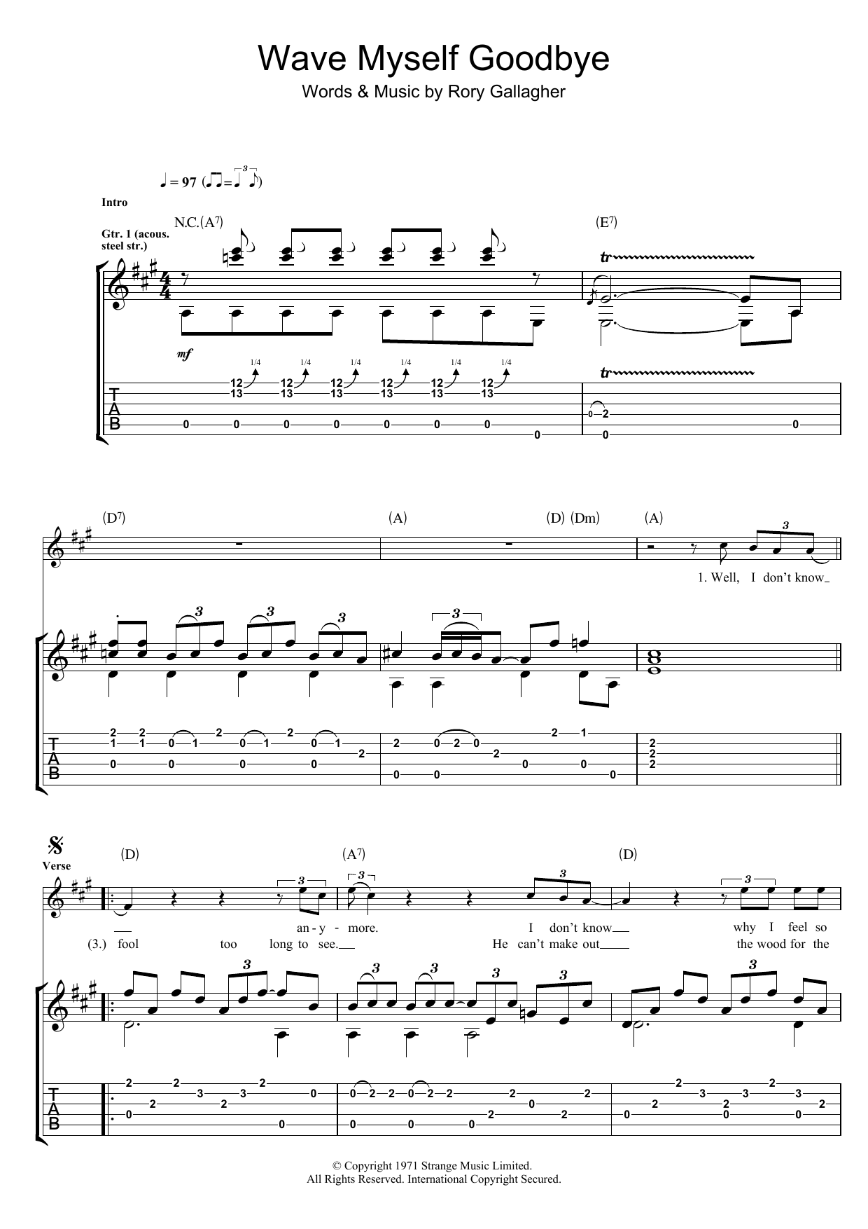 Rory Gallagher Wave Myself Goodbye Sheet Music Notes & Chords for Guitar Tab - Download or Print PDF