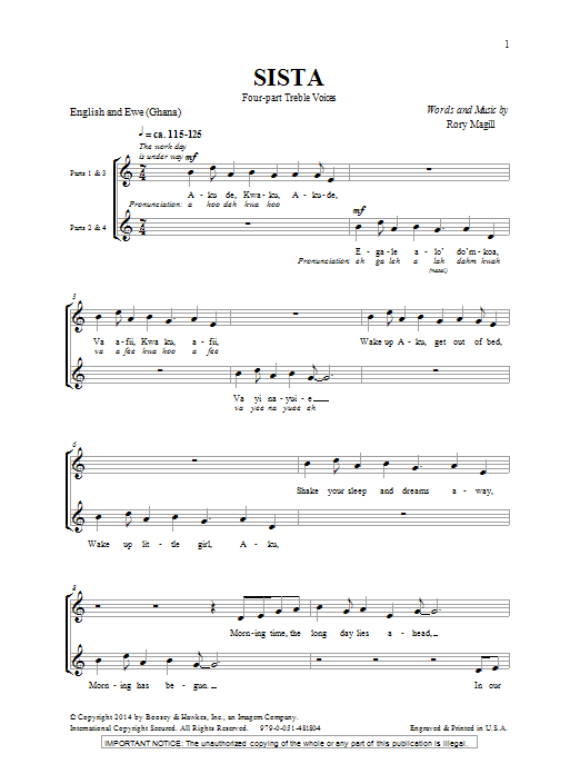 Rory Magill Sista Sheet Music Notes & Chords for SSA - Download or Print PDF