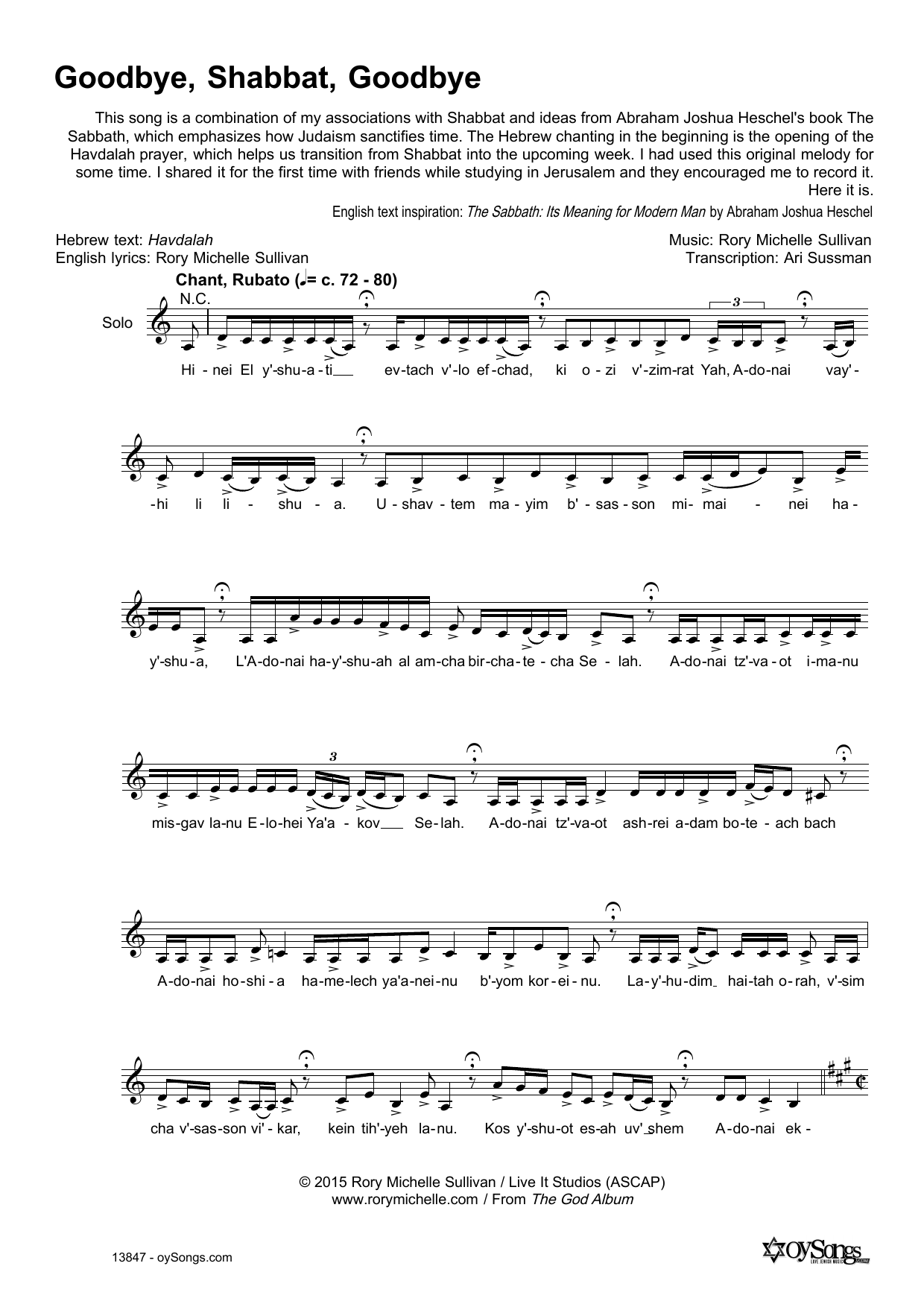 Rory Michelle Sullivan Goodbye, Shabbat, Goodbye Sheet Music Notes & Chords for Lead Sheet / Fake Book - Download or Print PDF