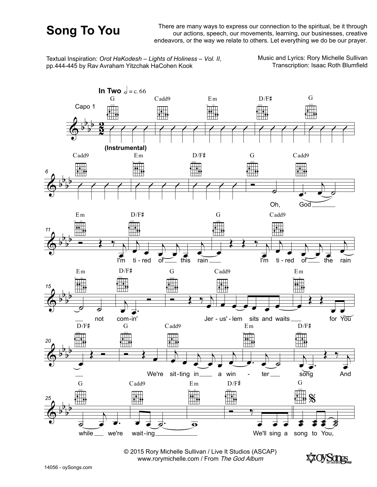 Rory Michelle Sullivan Song To You Sheet Music Notes & Chords for Lead Sheet / Fake Book - Download or Print PDF