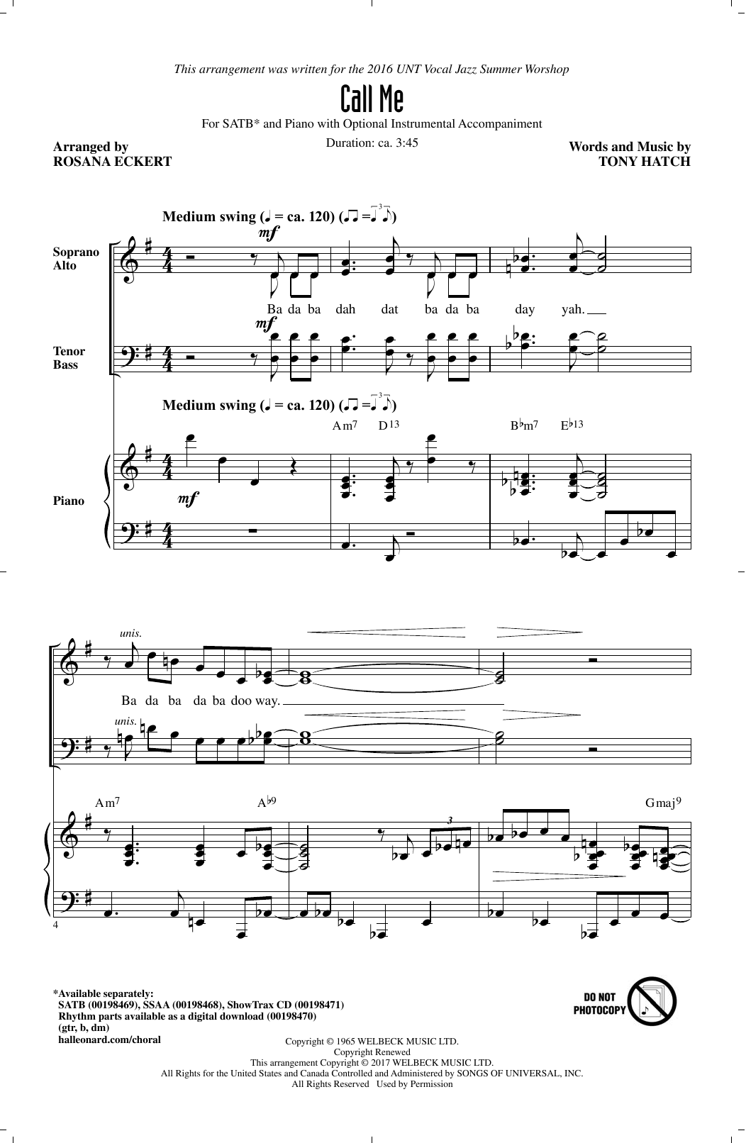 Tony Hatch Call Me (arr. Rosana Eckert) Sheet Music Notes & Chords for SSA - Download or Print PDF