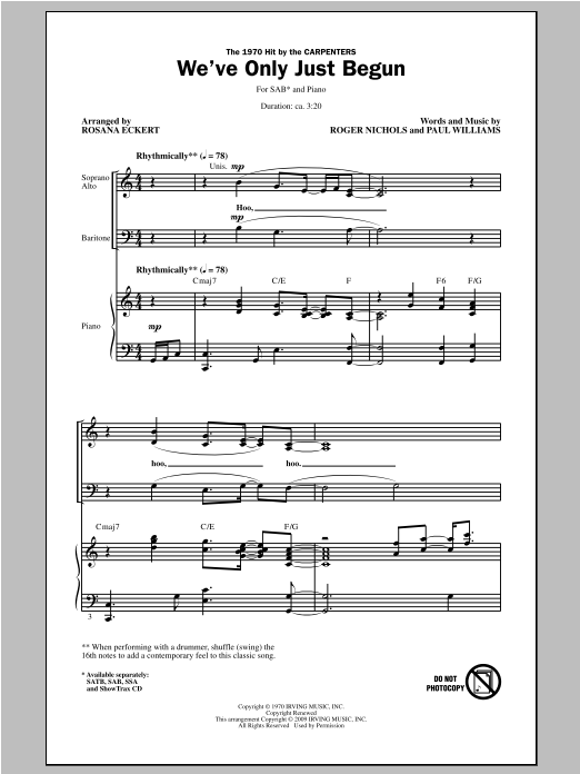 Carpenters We've Only Just Begun (arr. Rosana Eckert) Sheet Music Notes & Chords for SSA - Download or Print PDF
