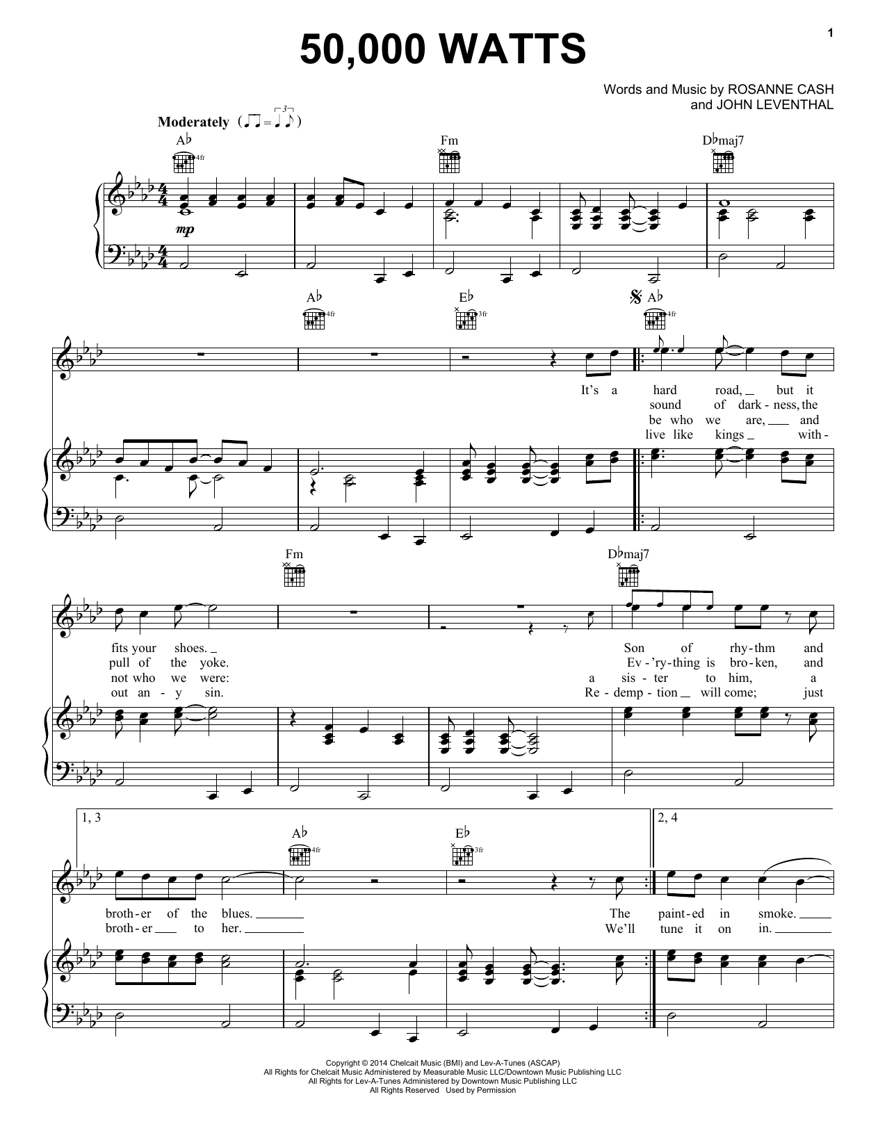 Rosanne Cash 50,000 Watts Sheet Music Notes & Chords for Piano, Vocal & Guitar (Right-Hand Melody) - Download or Print PDF