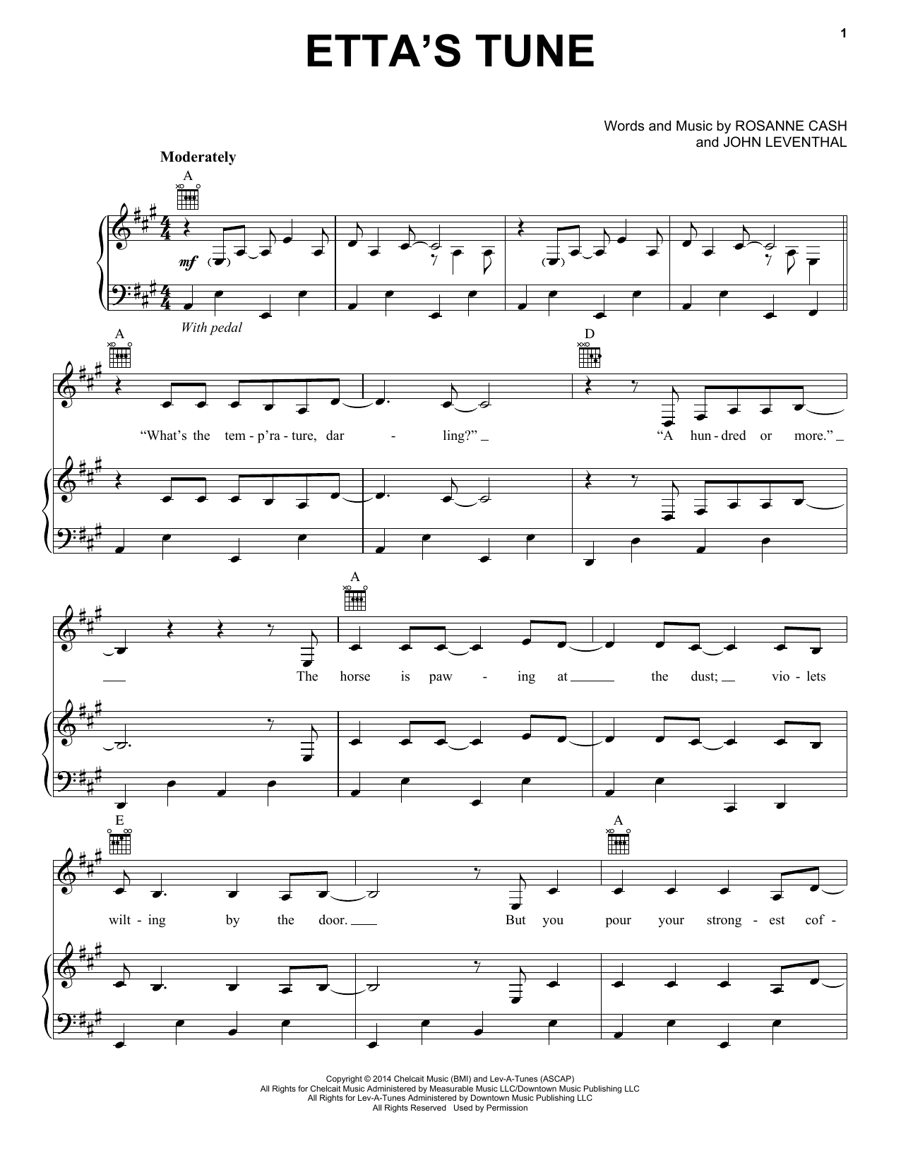 Rosanne Cash Etta's Tune Sheet Music Notes & Chords for Piano, Vocal & Guitar (Right-Hand Melody) - Download or Print PDF