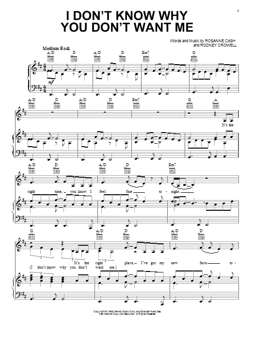 Rosanne Cash I Don't Know Why You Don't Want Me Sheet Music Notes & Chords for Piano, Vocal & Guitar (Right-Hand Melody) - Download or Print PDF