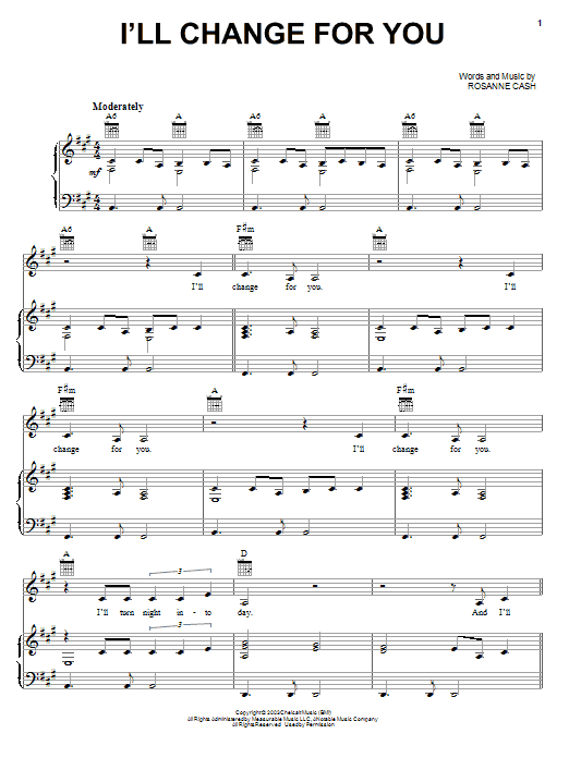 Rosanne Cash I'll Change For You Sheet Music Notes & Chords for Piano, Vocal & Guitar (Right-Hand Melody) - Download or Print PDF