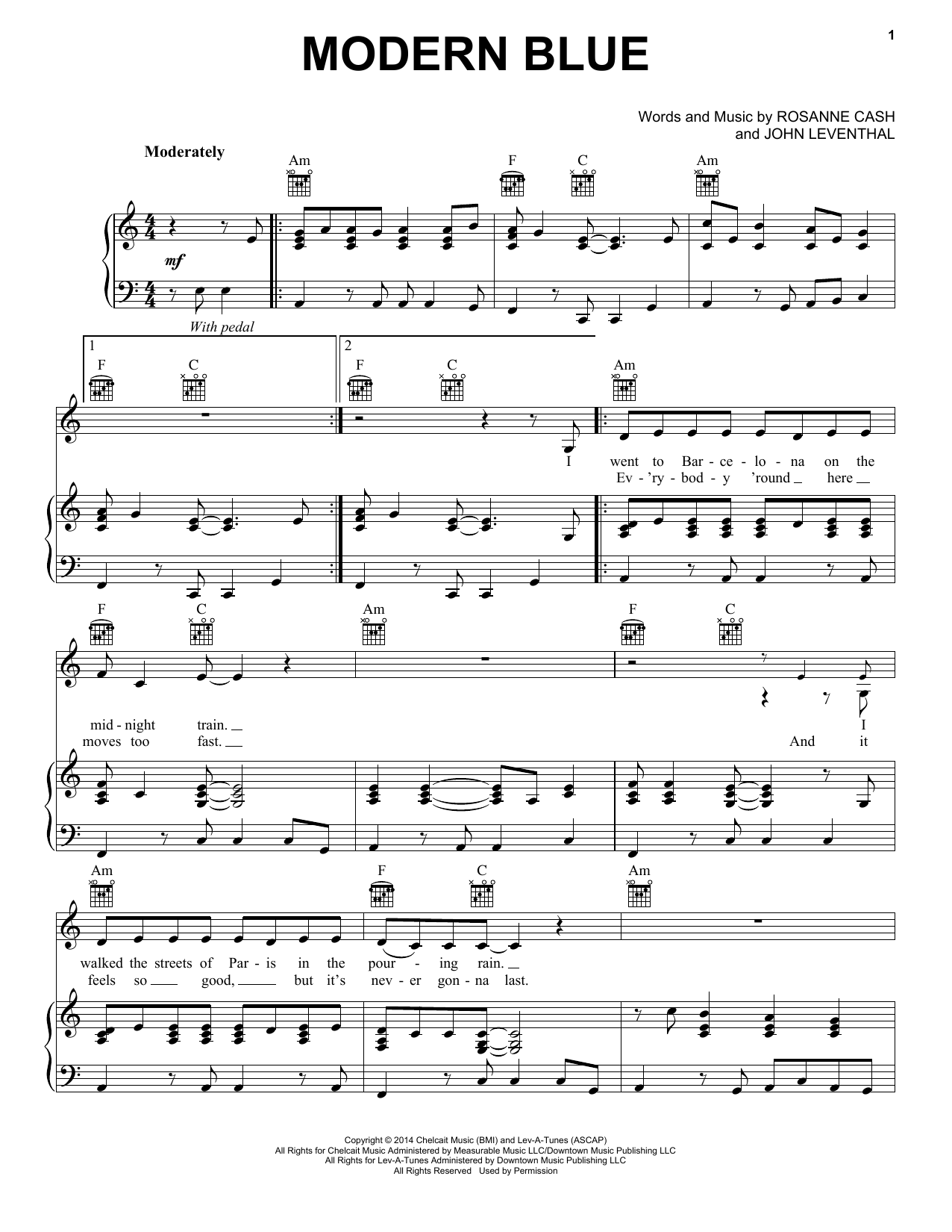 Rosanne Cash Modern Blue Sheet Music Notes & Chords for Piano, Vocal & Guitar (Right-Hand Melody) - Download or Print PDF