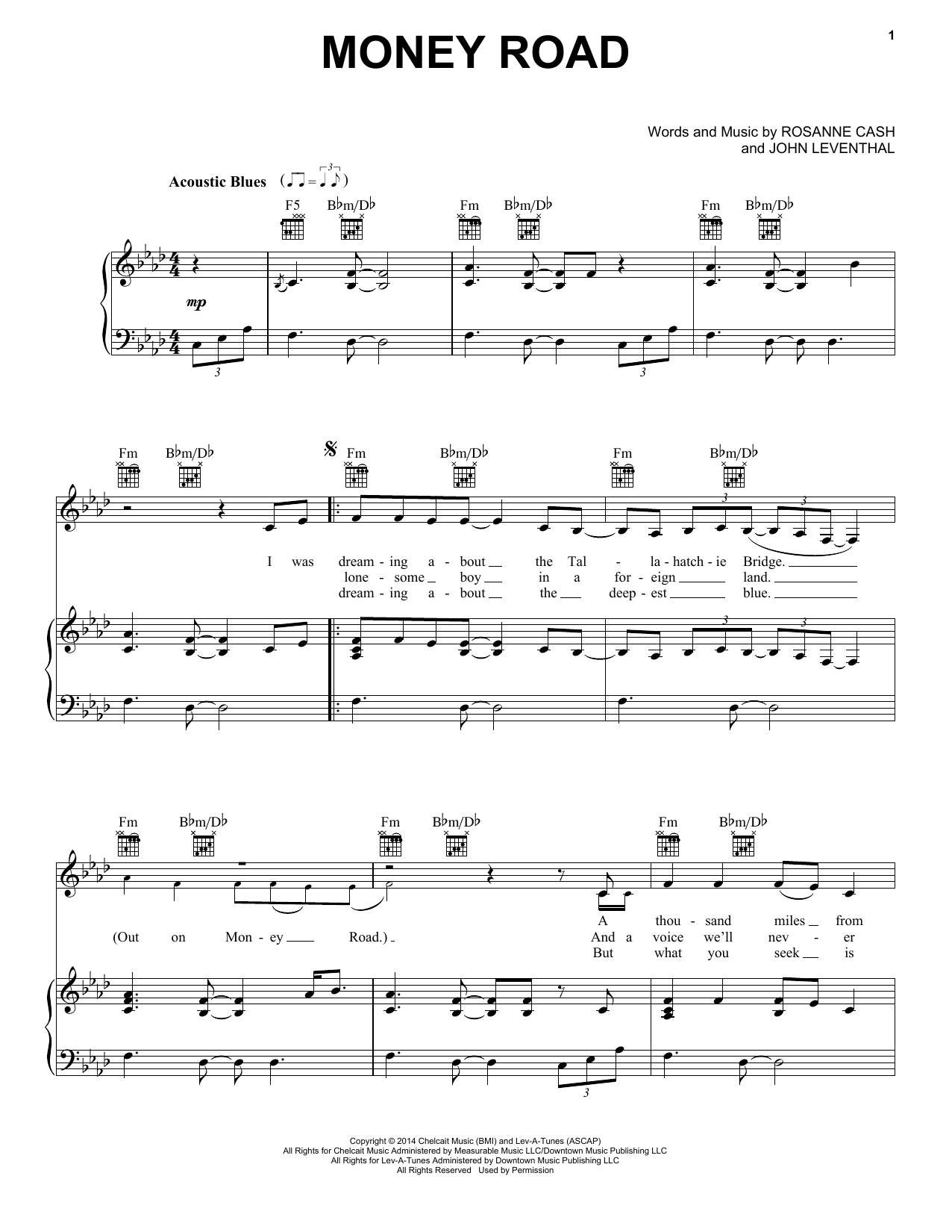 Rosanne Cash Money Road Sheet Music Notes & Chords for Piano, Vocal & Guitar (Right-Hand Melody) - Download or Print PDF