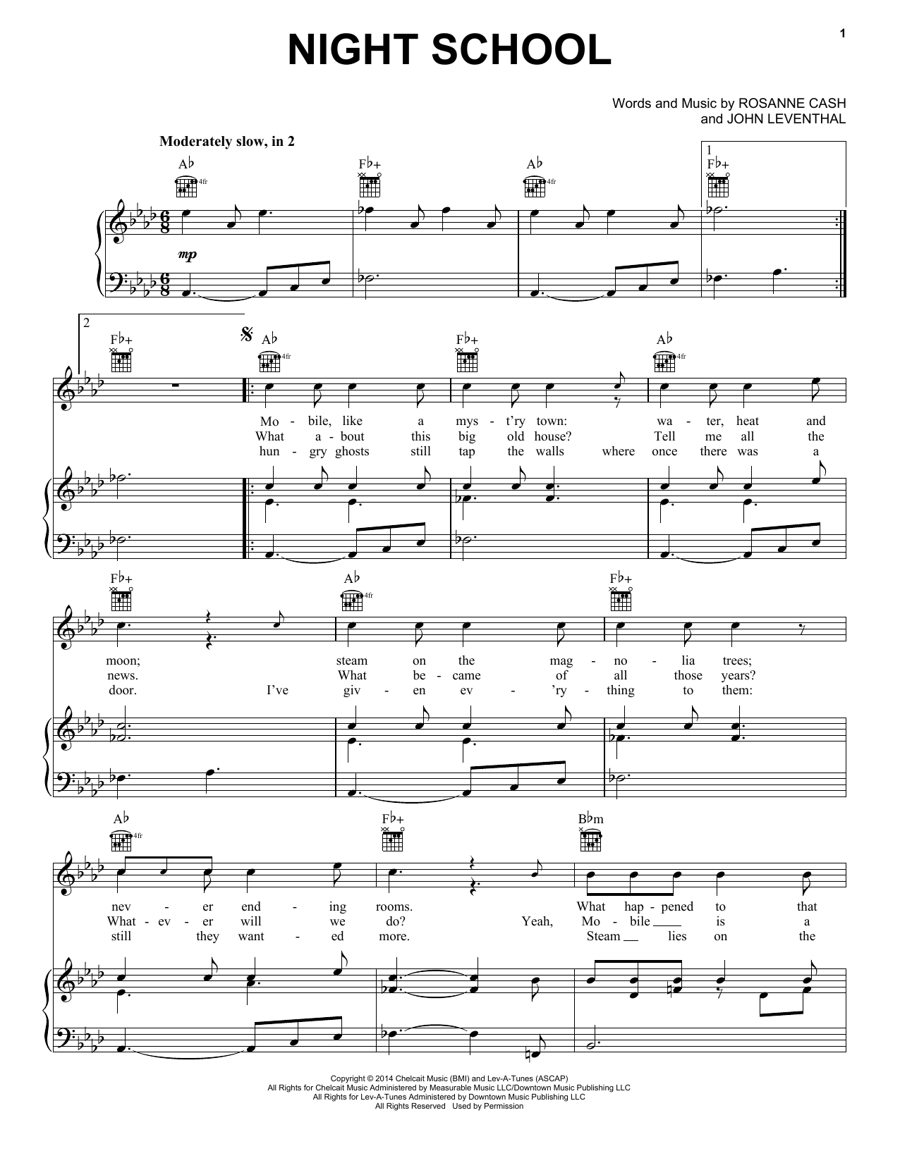 Rosanne Cash Night School Sheet Music Notes & Chords for Piano, Vocal & Guitar (Right-Hand Melody) - Download or Print PDF