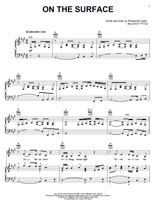 Rosanne Cash On The Surface Sheet Music Notes & Chords for Piano, Vocal & Guitar (Right-Hand Melody) - Download or Print PDF
