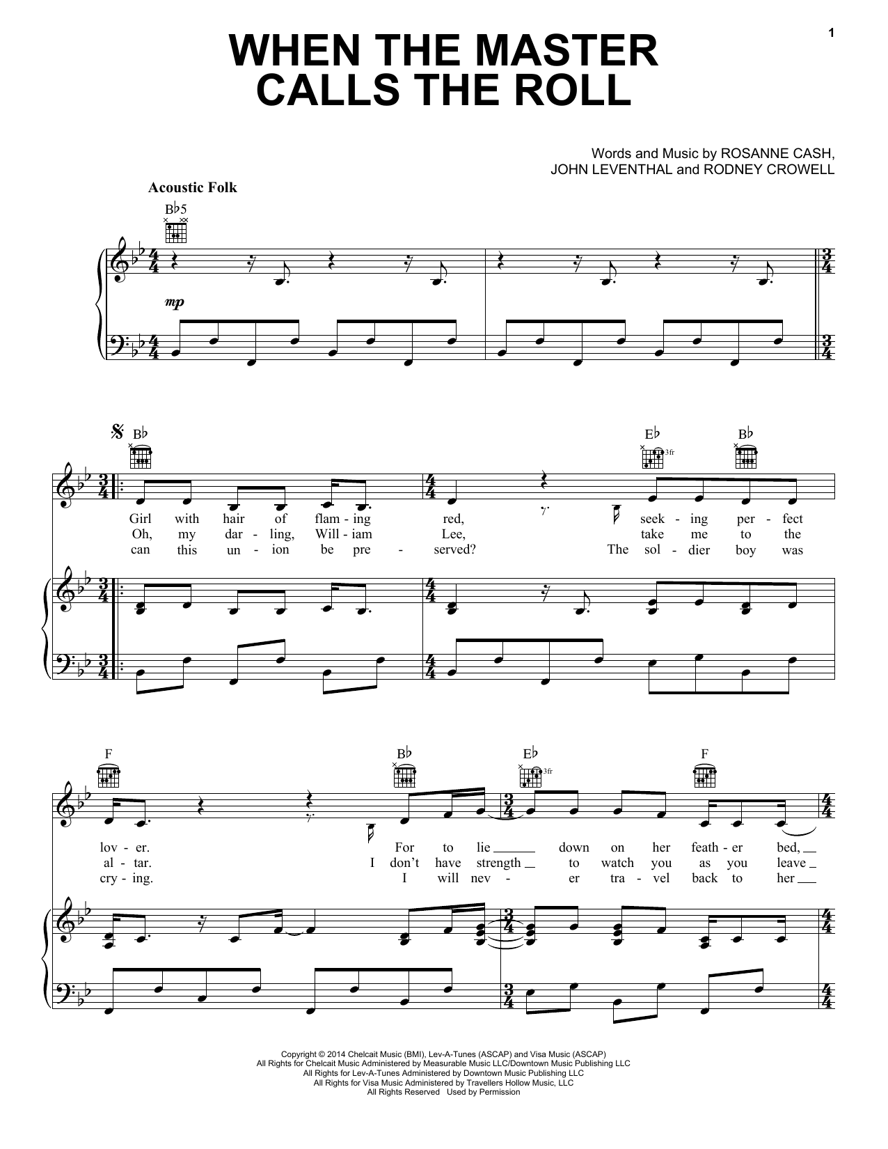 Rosanne Cash When The Master Calls The Roll Sheet Music Notes & Chords for Piano, Vocal & Guitar (Right-Hand Melody) - Download or Print PDF
