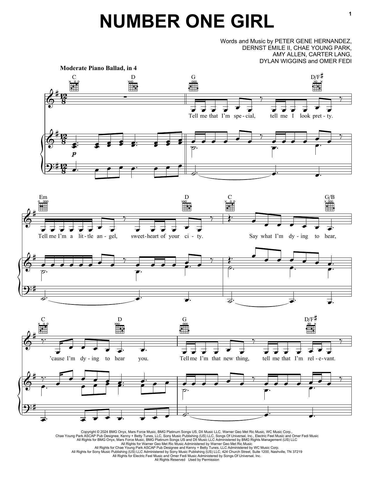 ROSÉ number one girl Sheet Music Notes & Chords for Piano, Vocal & Guitar Chords (Right-Hand Melody) - Download or Print PDF