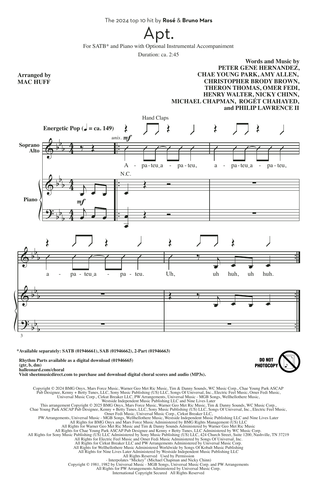 ROSÉ & Bruno Mars APT. (arr. Mac Huff) Sheet Music Notes & Chords for SAB Choir - Download or Print PDF