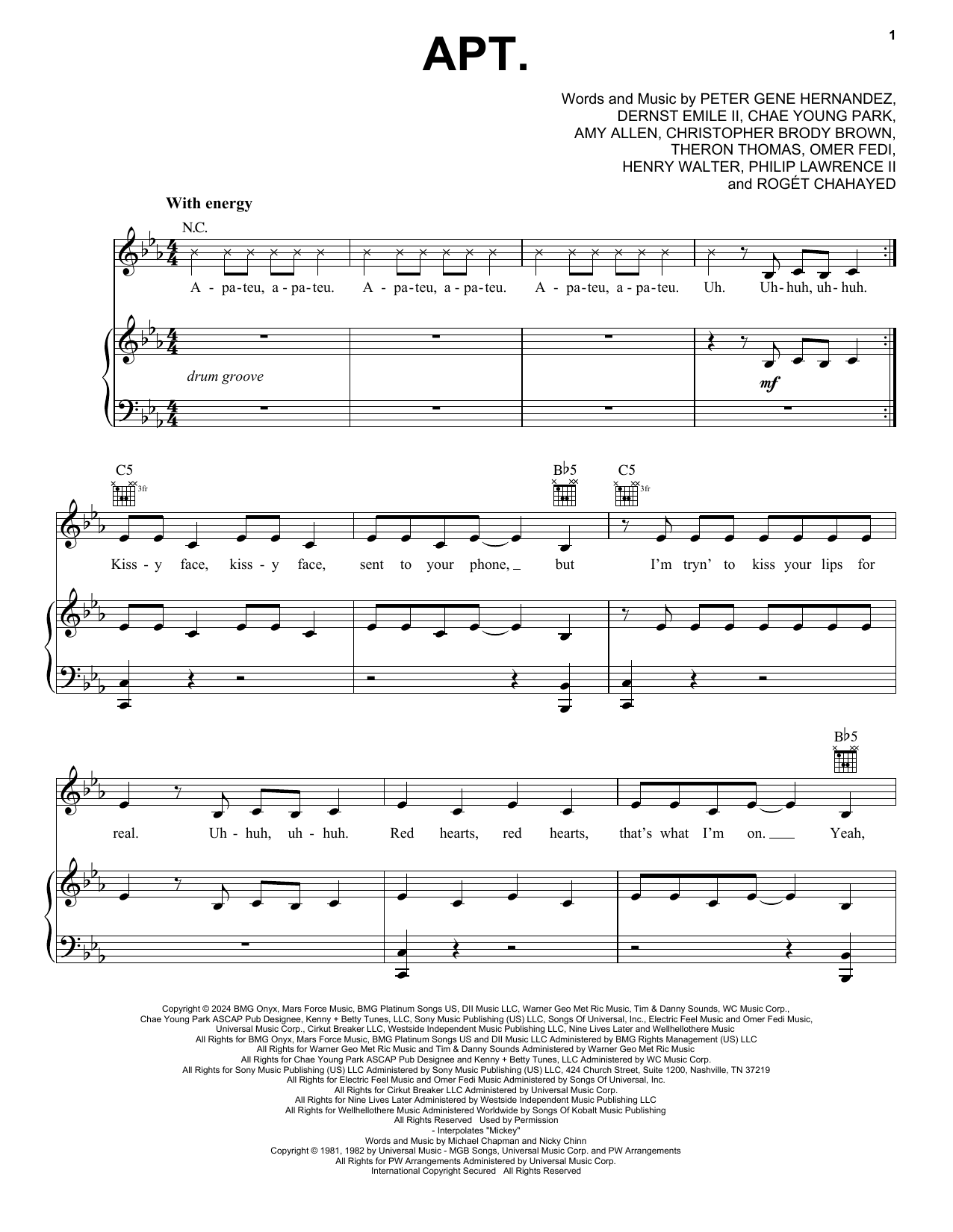 ROSÉ & Bruno Mars APT. Sheet Music Notes & Chords for Super Easy Piano - Download or Print PDF