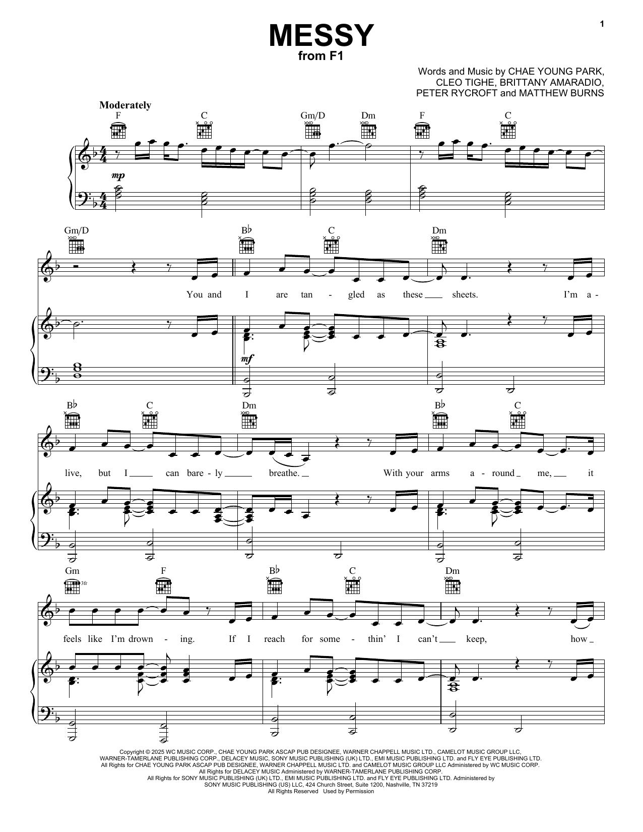 Rosé Messy (from F1: The Movie) Sheet Music Notes & Chords for Piano, Vocal & Guitar Chords (Right-Hand Melody) - Download or Print PDF