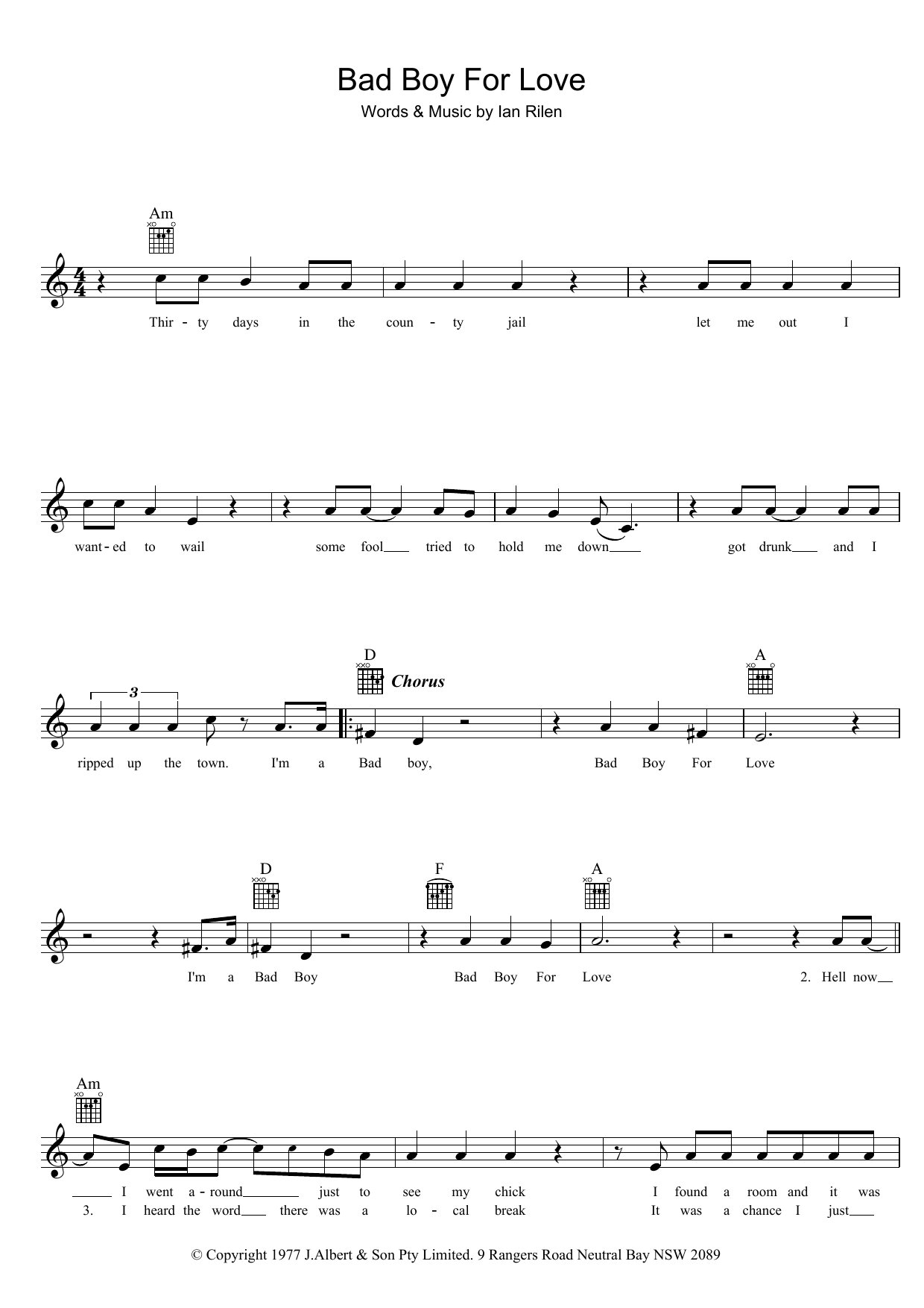 Rose Tattoo Bad Boy For Love Sheet Music Notes & Chords for Melody Line, Lyrics & Chords - Download or Print PDF