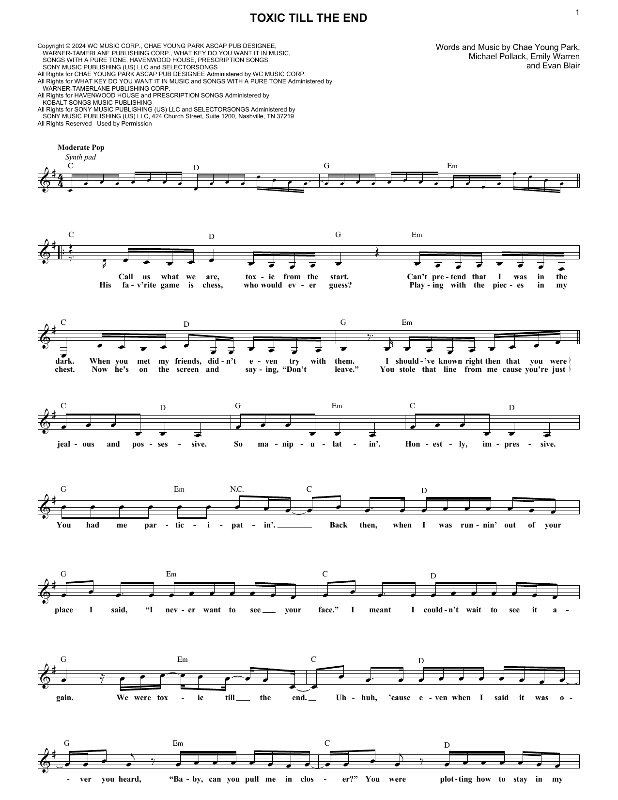 Rosé toxic till the end Sheet Music Notes & Chords for Lead Sheet / Fake Book - Download or Print PDF